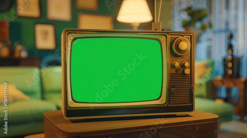 A green screen television is on a wooden table in a living room photo