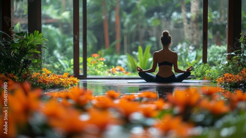 Yoga practice in a serene garden setting with vibrant flowers and natural light