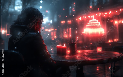 Woman sits alone at a table outdoors at night, a glowing cake-shaped light hangs above.