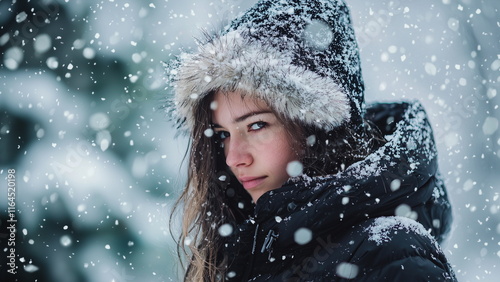 Pretty white woman wearing a thick black winter jacket in the white snow mountain during the cold winter seasons where it snows heavily photo