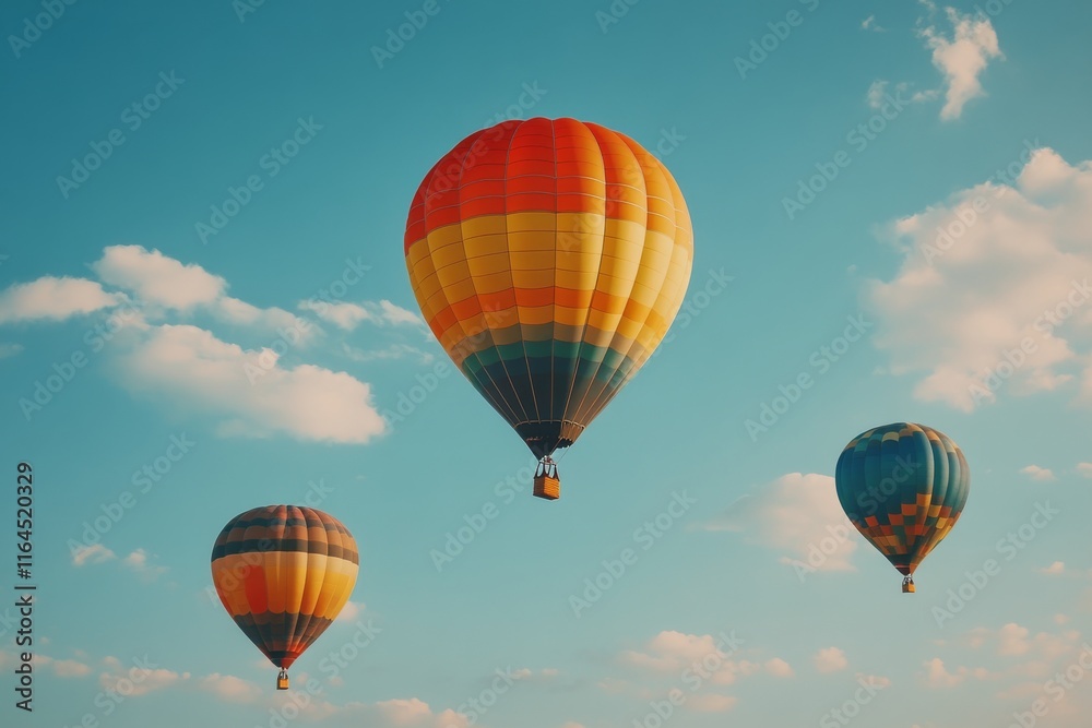 Obraz premium Hot air balloons ascending in the morning sky above a scenic landscape at sunrise
