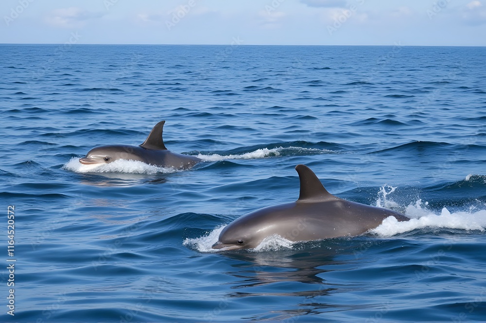Fototapeta premium Wild Dolphins Surfacing in Open Ocean Waters