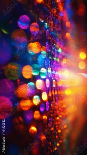 Vibrant display of colorful lights reflecting on a dark surface in an urban e...
