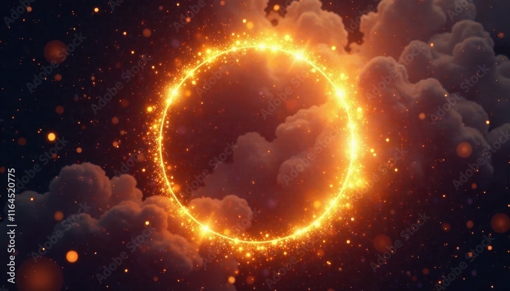 Fototapeta premium Glowing golden circle surrounded by sparkles in a mystical aura, radiance, luminous, divine