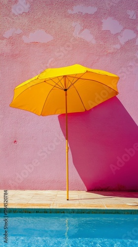 Bright yellow umbrella beside a serene swimming pool against a pink wall