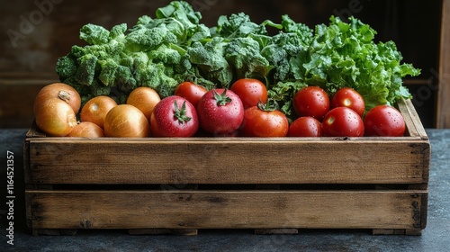 Freshly harvested tomatoes and broccoli receive water spray in a farmer's mar...