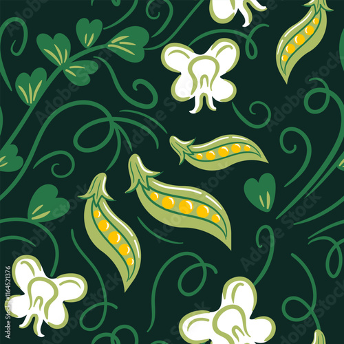 This seamless design showcases elegantly illustrated pea pods and flowers in a flat style. Its delightful vector art brings a vibrant, organic feel, making it ideal for textiles, wallpaper, and