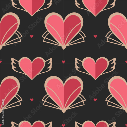Vector seamless pattern with hearts in Art Deco style. Hand drawn festive repeating background for Valentine day, congratulation. Design for print, textile, wrapping, paper, postcard, banner, flyer