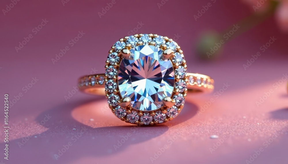Luxury ring with large diamond surrounded by smaller diamonds on a gold band, luxury jewelry, precious stone, sparkly ring