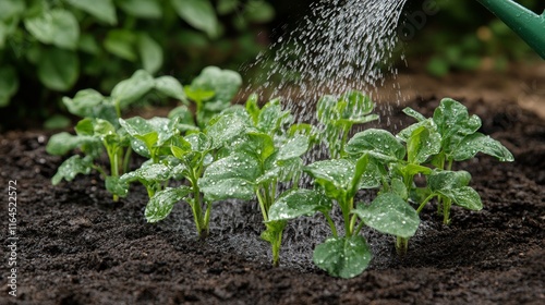 Fresh lettuce being watered in vegetable garden during sunny day for healthy ...