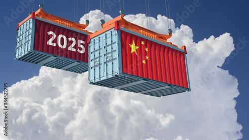 Trading 2025. Freight container with China national flag. 3D Rendering 