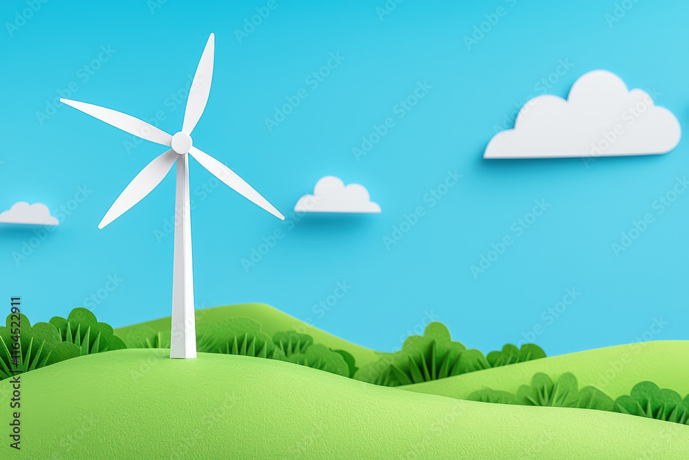 Fototapeta premium Renewable energy concept. paper art composition of wind turbine in landscape