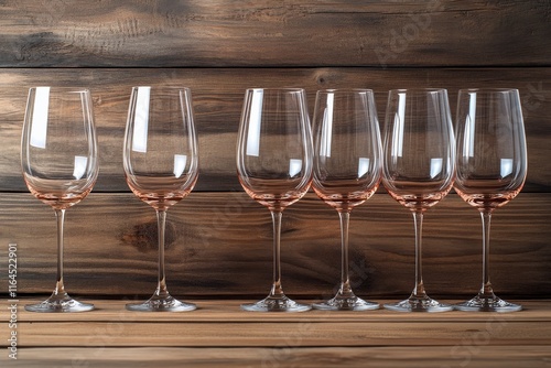Different types of wine glasses arranged on a wooden table against a rustic b...