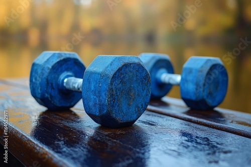 Old blue dumbbell resting on a weathered wooden bench in a park surrounded by...