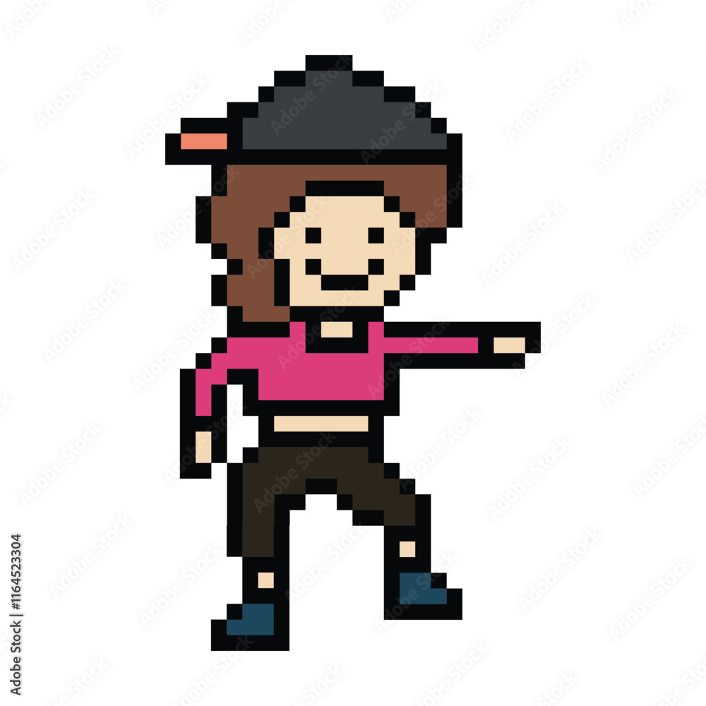 Fototapeta premium Cute cartoon pixel character cute woman exercises training dance lifestyle music decoration life style 8 bit female girl dance with music game 8bit fitness isolated PNG vector.