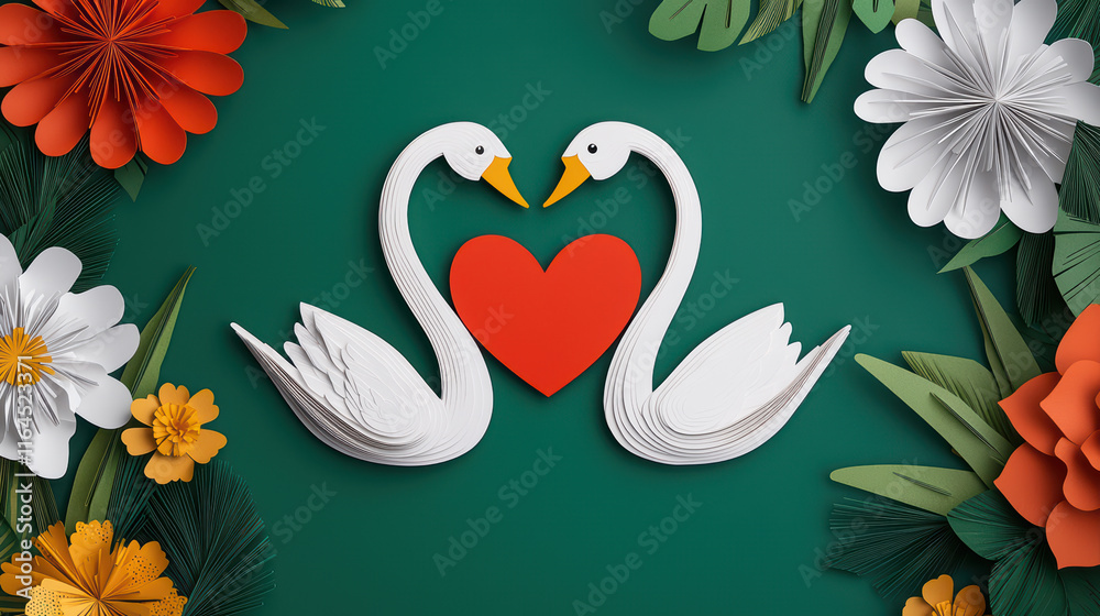 Obraz premium Two swans forming heart surrounded by colorful flowers