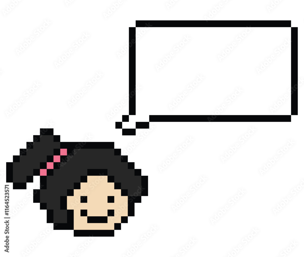 Obraz premium Cartoon pixel cute cartoon character face woman with chat blank decoration 8 bit female girl say speak discuss idea chat box cartoon pixel game 8 bit png vector.