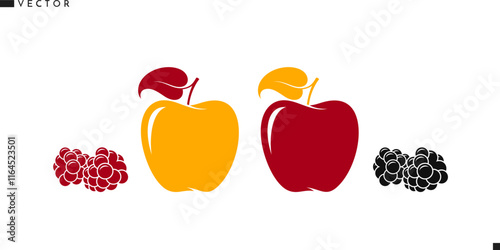 Red apple and yellow apple with raspberry and blackberry vector. Fresh fruit with berry silhouette