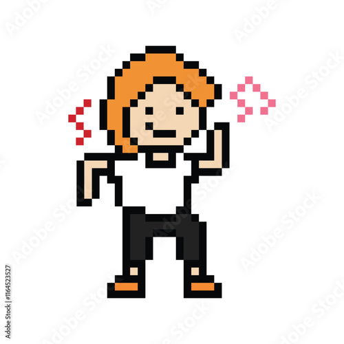 Cute cartoon pixel character cute man exercises training aerobic dance lifestyle music decoration life style 8 bit male boy dance with music game 8bit fitness isolated PNG vector.