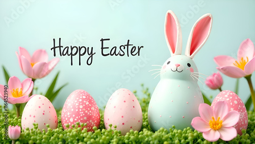 Obraz na płótnie A colorful depiction of an Egg Easter Bunny with delightful eggs and blooming flowers w salonie
