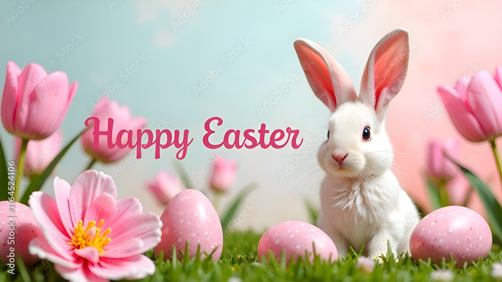 A beautifully charming Easter scene featuring an adorable bunny nestled among colorful pastel eggs and blooming flowers