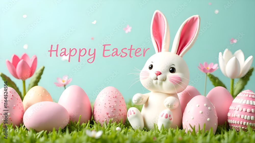 A beautifully charming Easter scene featuring an adorable bunny nestled among colorful pastel eggs and blooming flowers