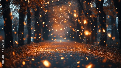 Autumn pathway illuminated by warm, glowing particles in peaceful forest setting