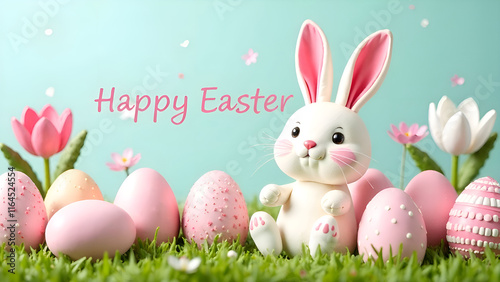 Obraz na płótnie A beautifully charming Easter scene featuring an adorable bunny nestled among colorful pastel eggs and blooming flowers w salonie