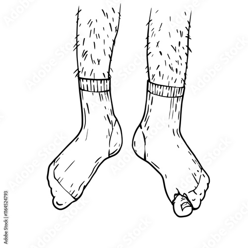 man legs in torn socks. hand drawing socks label,  poor, financial problems, defaulter