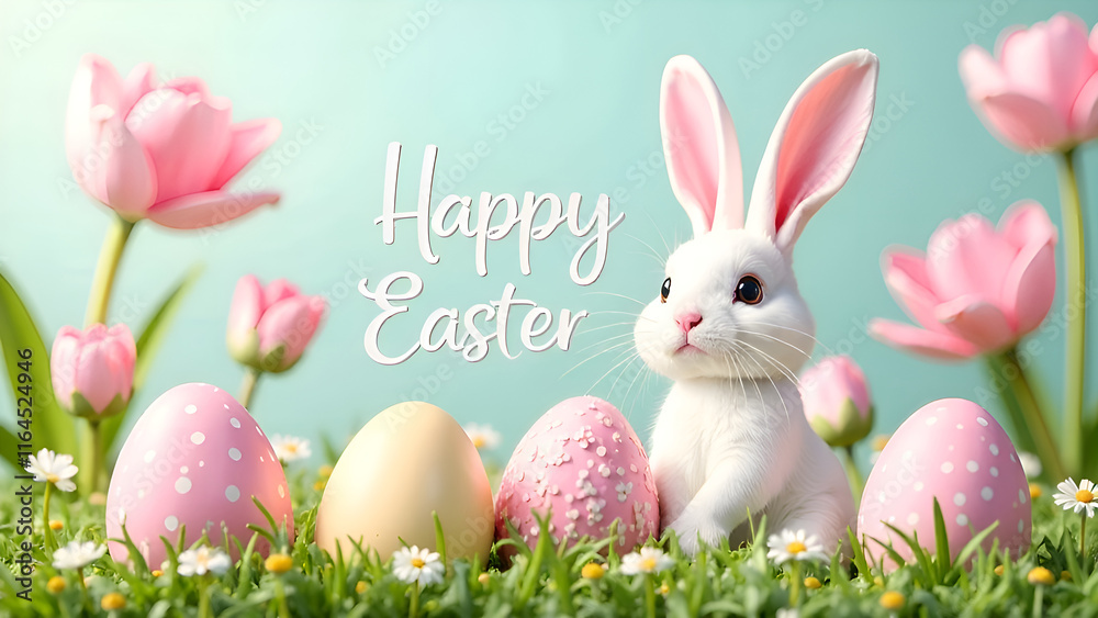 A beautifully charming Easter scene featuring an adorable bunny nestled among colorful pastel eggs and blooming flowers