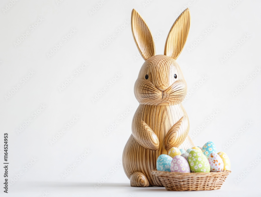 Fototapeta premium A playful wooden Easter bunny surrounded by colorful eggs, perfect for spring imagery.