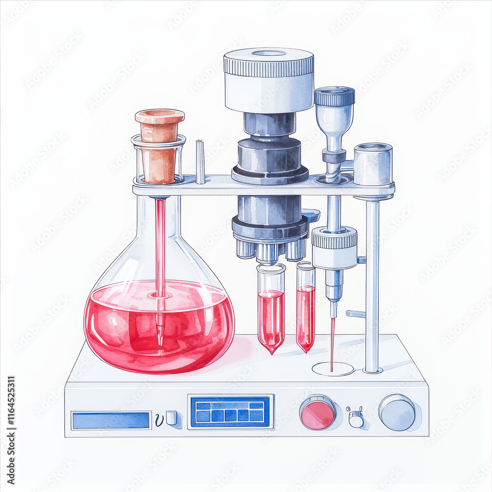 Chemistry concept, Laboratory equipment with red liquid in glassware Chemistry concept, Laboratory equipment with red liquid in glassware
