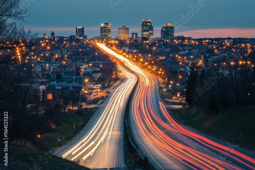 Classic car captures vibrant light trails on a winding road during a serene n...