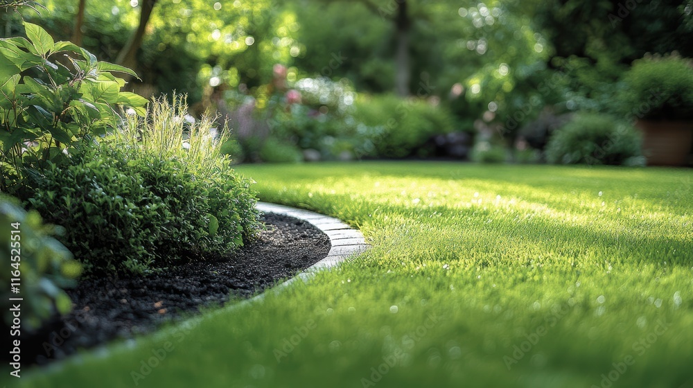 Obraz premium A lush green lawn with a black border and a few bushes