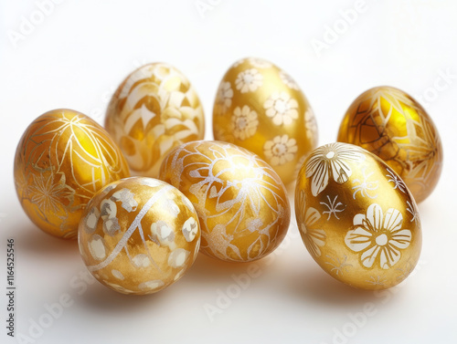 Golden Easter eggs beautifully arranged on a clear white background, capturing the essence of celebration. photo