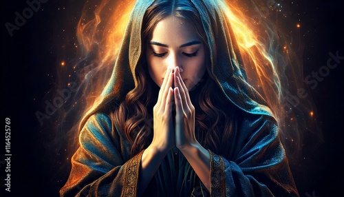 mãos ao rosto e olhos fechados em gesto de fervorosa oração, conceito fé, religião - Generated image