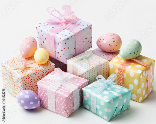 Easter gifts wrapped in colorful paper on a clear background, symbolizing joy and celebration.