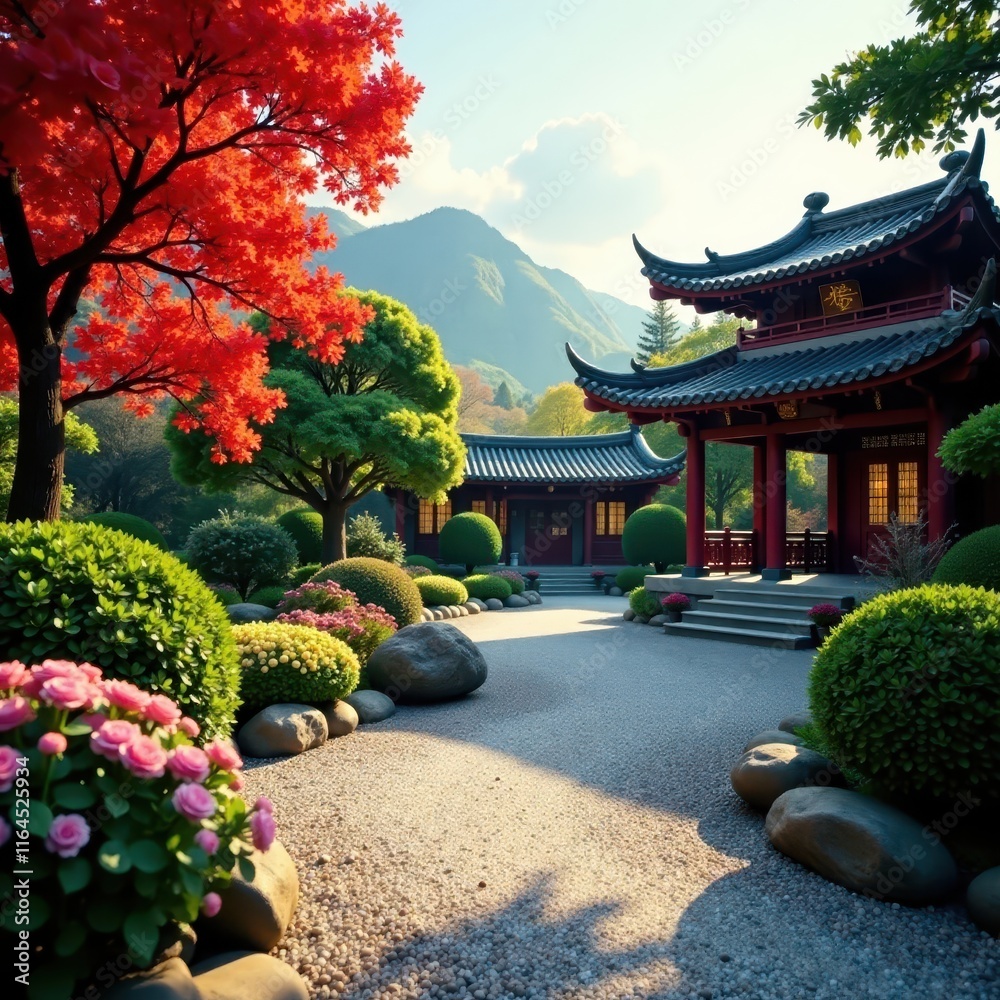 Traditional Chinese Garden with carefully raked gravel paths , plants, chinese, gravel