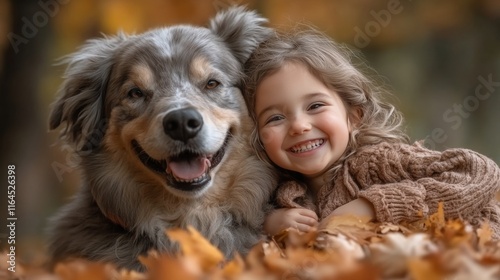 Joyful girl in yellow coat hugs happy dog during autumn day in a park