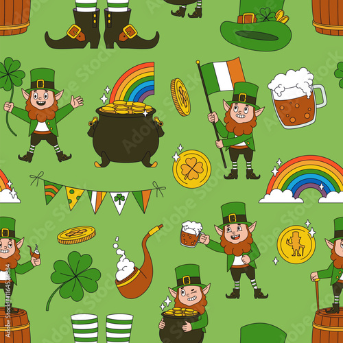 Saint patrick day seamless pattern. Irish beer festival elements, leprechauns drinking and having fun, clover, gold coins, textile, wrapping, wallpaper. Print for fabric tidy vector background