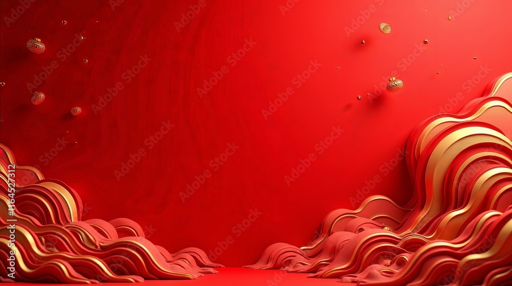 Red and Gold Wave Abstract: Festive, Elegant 3D Design Red and Gold Wave Abstract: Festive, Elegant 3D Design