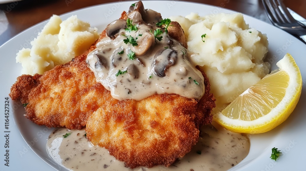 Breaded Chicken Breast with Mushroom Sauce Mashed Potatoes Lemon Breaded Chicken Breast with Mushroom Sauce Mashed Potatoes Lemon