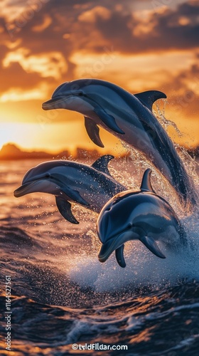 Dolphins jumping at sunset over calm water with a colorful sky