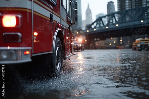 In a flooded cityscape, emergency vehicles respond swiftly amidst heavy rain, capturing the urgent efforts of first responders to ensure public safety in challenging conditions.