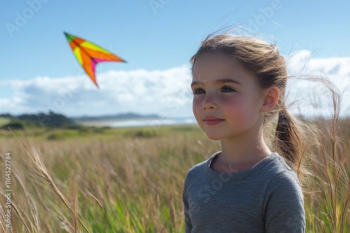 Child flying a colorful kite in a sunny field during a beautiful afternoon