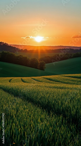 Breathtaking sunset over rolling hills and green fields in a serene countrysi...