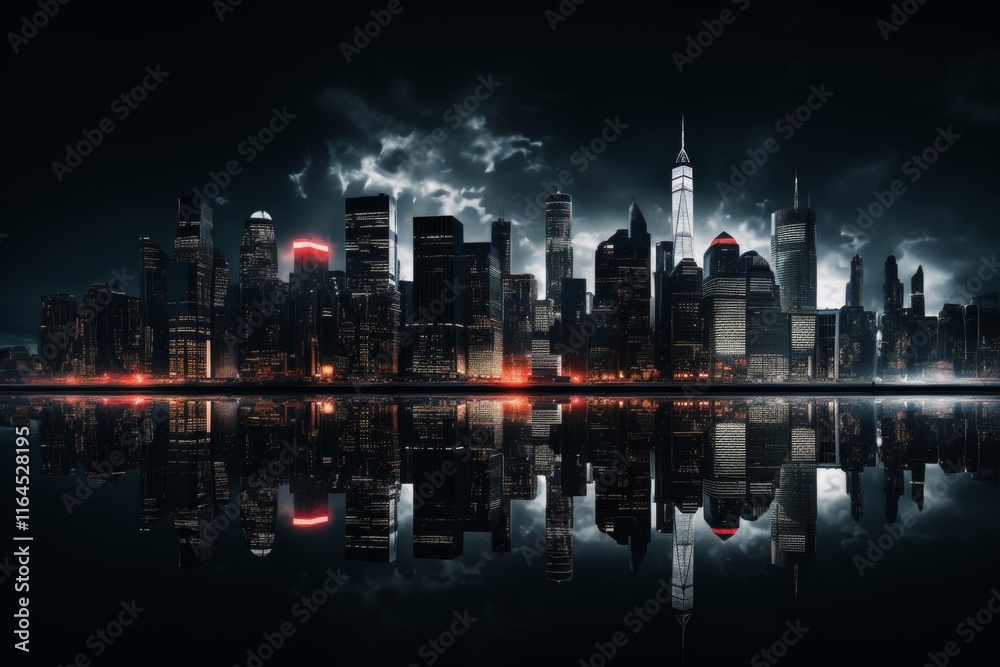 Fototapeta premium A cozy night cityscape featuring grey buildings and tranquil reflections in marsh green waters