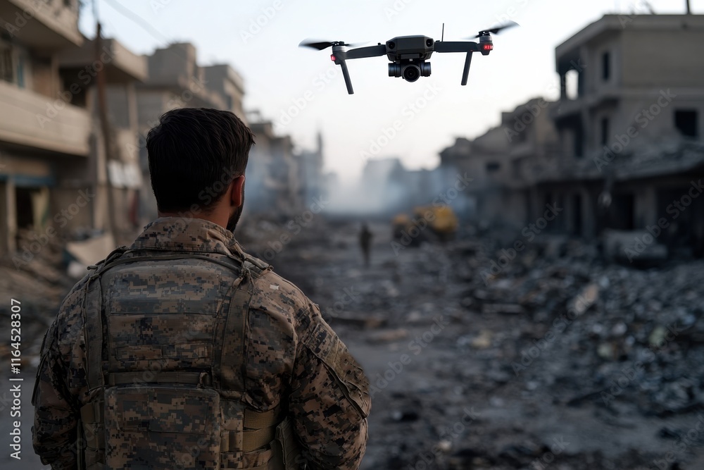 A vigilant soldier stands amidst a devastated landscape, overseeing a drone’s operations, highlighting the intersection of technology and military strategy in modern warfare. A vigilant soldier stands amidst a devastated landscape, overseeing a drone’s operations, highlighting the intersection of technology and military strategy in modern warfare.
