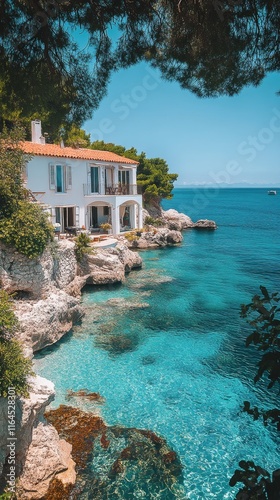 Coastal villa overlooking clear turquoise waters in a tranquil bay