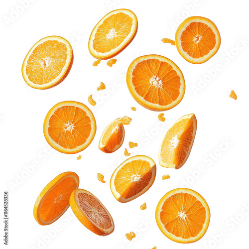 dynamic arrangement of orange slices scattered against a white background. showcasing their vibrant color and texture the composition emphasizes freshness and vitality. making it suitable for food-rel photo